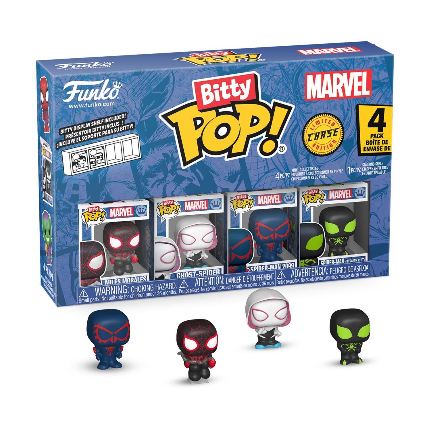 Funko Bitty Pop! 4-Pack: Spider-Man - Miles Morales, Ghost-Spider, Spider-Man 2099, Spider-Man Stealth Suit Vinyl Figures