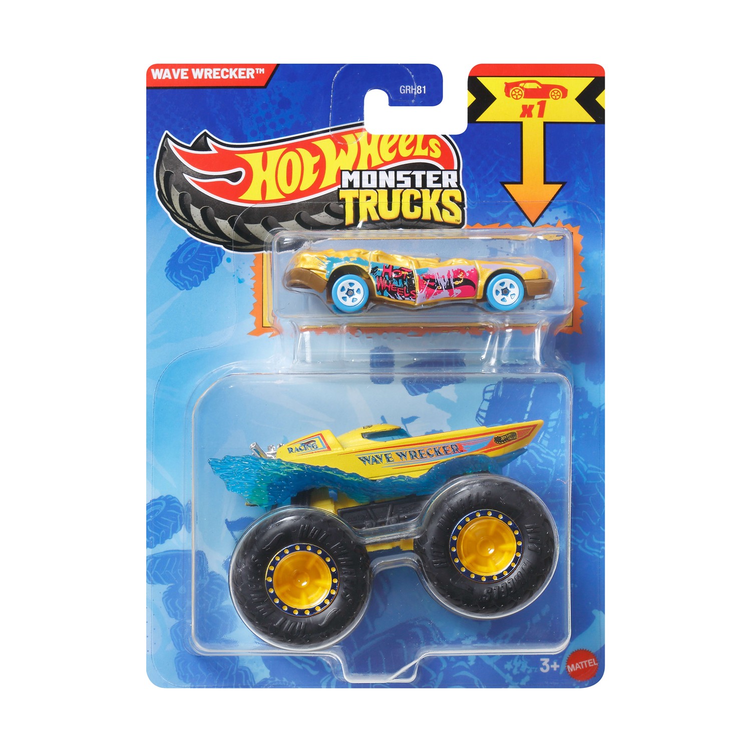 Mattel Hot Wheels Monster Trucks: Wave Wrecker With Small Car – Die-Cast & Truck Vehicle (JJT62)