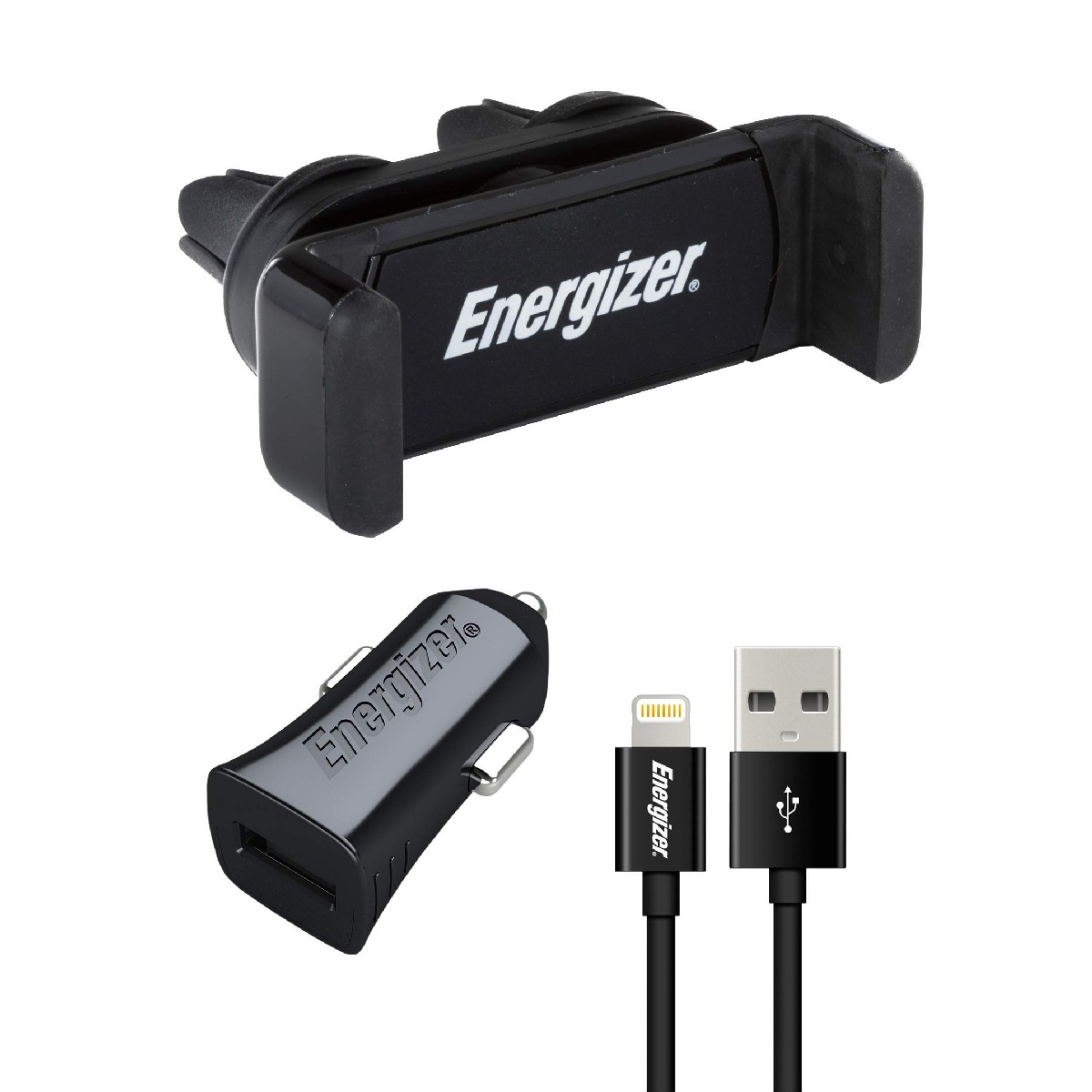 Βάση Στήριξης και Φορτιστής Αυτοκινήτου Energizer 3.4A με Καλώδιο Lightning Apple Certified MFi Μαύρο 1m