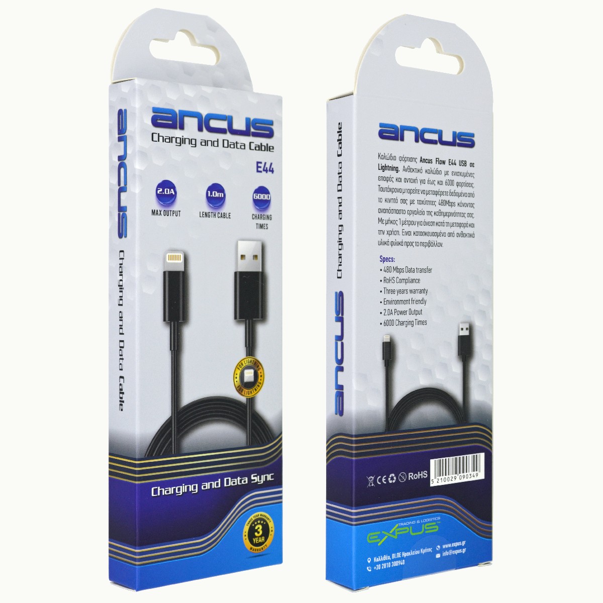 Καλώδιο Σύνδεσης και Φόρτισης Ancus Flow E44 USB σε Lightning 2.0A Data Transfer 480Mbp Μαύρο 1m