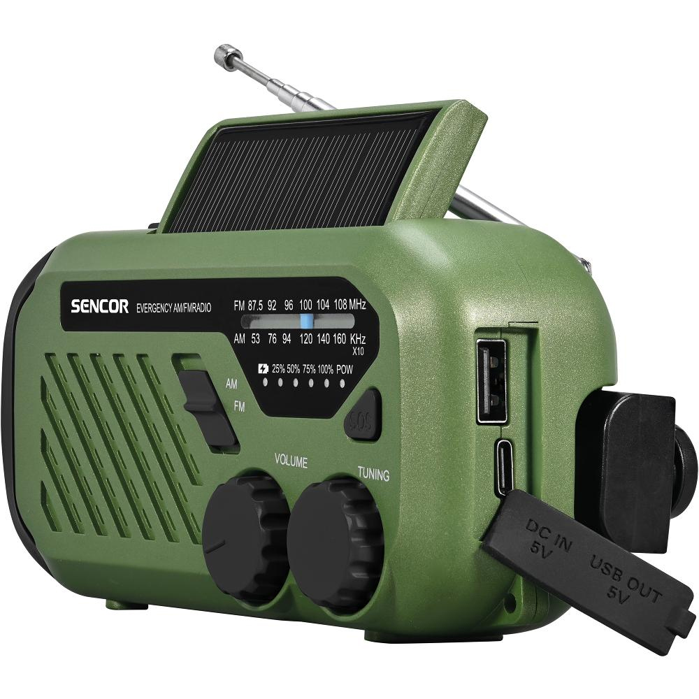 Ραδιόφωνο Camping Ηλιάκο με USB-C, Hand Crank και Διπλό Φωτισμό LED FM/AM IPX4 Sencor SRD 1000SCL GR Πράσινο