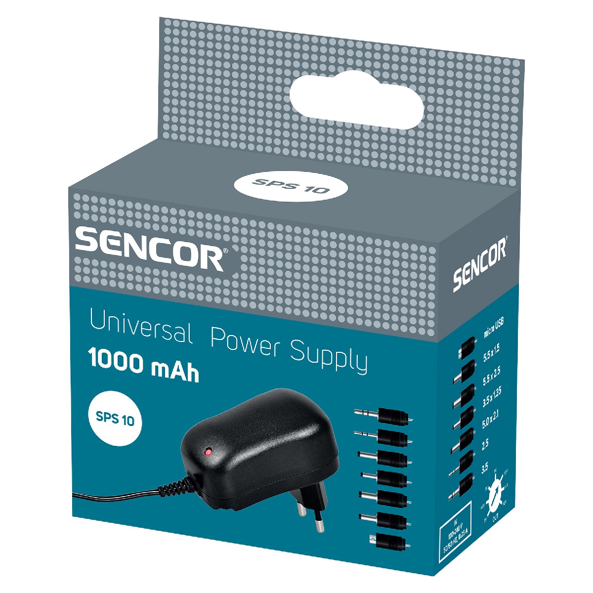 Universal Φορτιστής Sencor SPS 10 1000mAh  με Αποσπόμενα Βύσματα MicroUSB, 5.5 x 1.5, 5.5 x 2.5, 3.5 x 1.35, 5.0 x 2.1, 2.5mm, 3.5mm