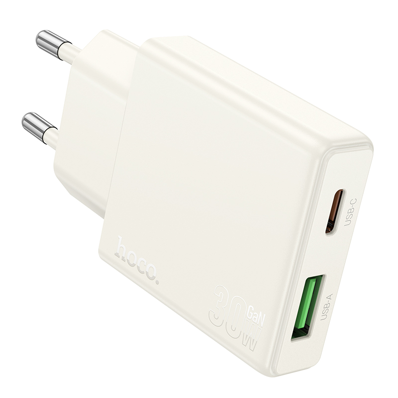 Φορτιστής Ταξιδίου Hoco N45 Biscuit Ultra Thin με 2 Εξόδους Φόρτισης USB-C PD30W και USB 18W QC3.0 Slim Moonlight White