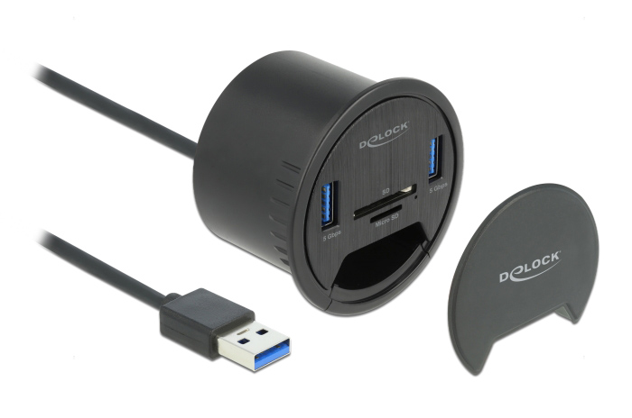 DELOCK USB hub 64152, 2x USB 3.2 Gen 1, SD/micro SD, 5Gbps, 60mm, μαύρο