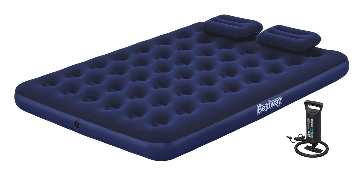 BESTWAY φουσκωτό στρώμα 67374 με τρόμπα & 2x μαξιλάρια, διπλό, 203x152x22cm, μπλε