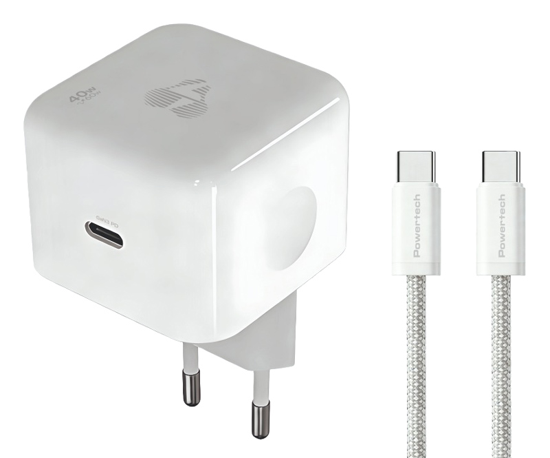 POWERTECH φορτιστής τοίχου PT-1581 με καλώδιο, USB-C, 40 έως 60W, GaN, AVS, λευκός