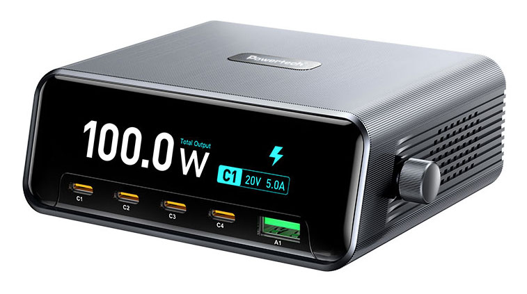 POWERTECH σταθμός φόρτισης PT-1622 με οθόνη, USB & 4x USB-C, GaN, 100W, ασημί