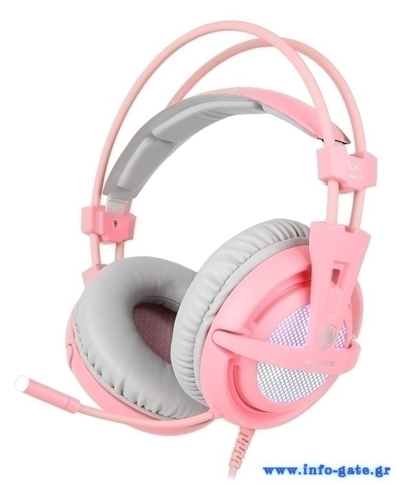 Ακουστικά με μικρόφωνο : SADES Gaming Headset A6, multiplatform, USB, LED,  ροζ