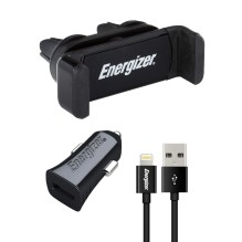 Βάση Στήριξης και Φορτιστής Αυτοκινήτου Energizer 3.4A με Καλώδιο Lightning Apple Certified MFi Μαύρο 1m