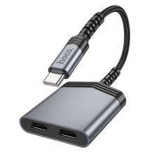 Αντάπτορας Hoco LS40 USB-C με Διπλή Εξοδο σε 2xUSB-C για Τροφοδοσία και Ηχο Γκρί