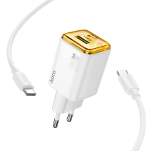 Φορτιστής Ταξιδίου Small Size Hoco N52 Monsoon PD20W QC3.0A GaN με 1xUSB και 1xUSB-C Εξόδους Λευκός + Καλώδιο σύνδεσης Type C to Type C 1m